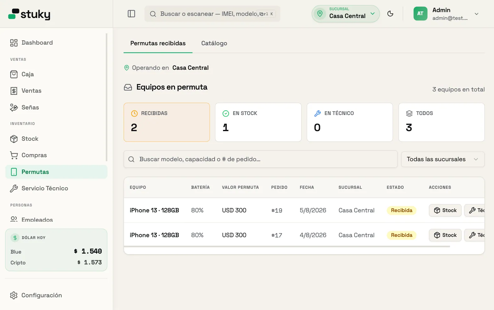 Permutas en Stuky: recibidas, en stock y en el técnico