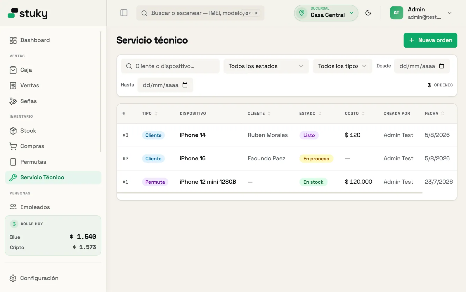 Servicio técnico en Stuky: órdenes con dispositivo, cliente, estado y costo