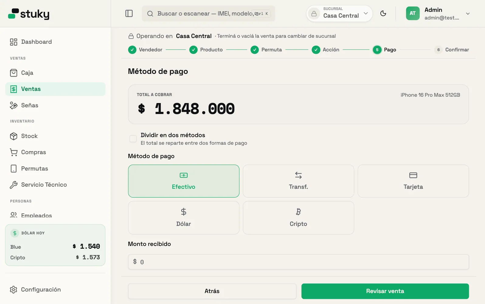 Paso de pago de una venta en Stuky: total a cobrar y los cinco medios de pago